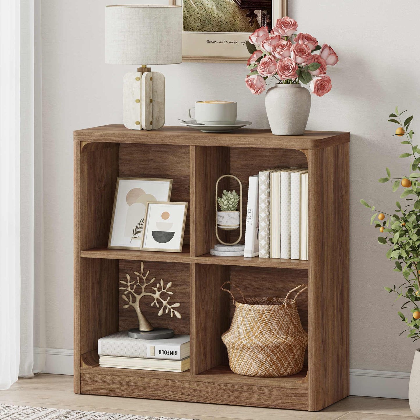 FATORRI 4 Cube Storage Bookcase, Rustic Wood Cube Bookcase Shelf Organizer, Small Storage Bookshelf for Living Room, Bedroom, Office (Walnut, 29.53" W)