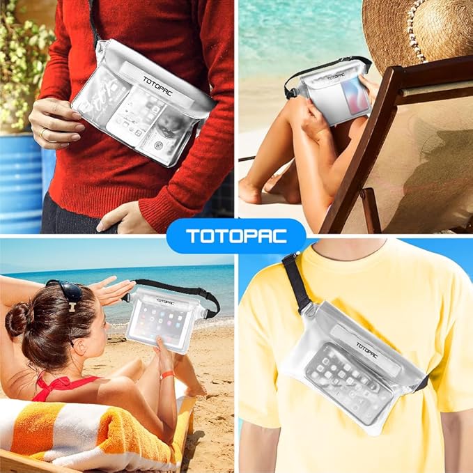 2-Pack Waterproof Fanny Pack, Phone Pouch with Waist Strap, 9x6.7 Inch Dry Bag for Phone, Cash, and Valuables – for Swimming, Kayaking, Boating, Snorkeling, and Water Sports (2, Blue + White)