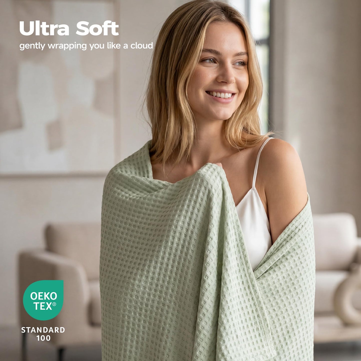 REDKISS Waffle Cooling Throw Blanket for Couch 60" x 90" - Lightweight Breathable Viscose Derived from Bamboo for Hot Sleepers, Soft Summer Blanket for Bed, Sage Green