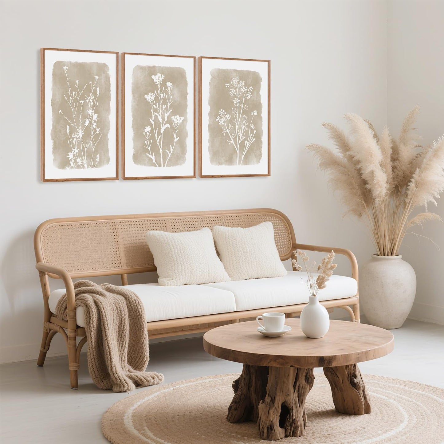 CHDITB Neutral Botanical Wall Art Set of 3, 24"x36" Large Framed Boho Farmhouse Flower Wall Decor, Modern Minimalist Floral Wall Painting, Begie Wildflower Canvas Art Prints for Living Room, Bedroom