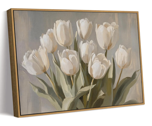 Vintage Floral Wall Art Framed White Tulips Picture Wall Decor Antique Botanical Canvas Print Oil Painting Style Tulip Painting Small Artwork for Kitchen Living Room 8x10 Inch