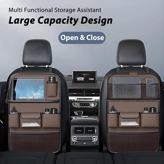 FASTAGEI Universal Foldable Car Backseat Organizer with Table Tray, Car Seat Back Protector with Touch Screen Phone Holder, Premium Leather Kick Mats with Storage Pockets Tissue Holder (Brown)