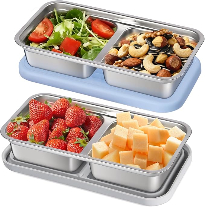 PTYTIFY 2 Pack Stainless Steel Snack Containers with Lids, 2 Compartment Snack Containers, Reusable Food Containers for Home, Travel, Outdoor