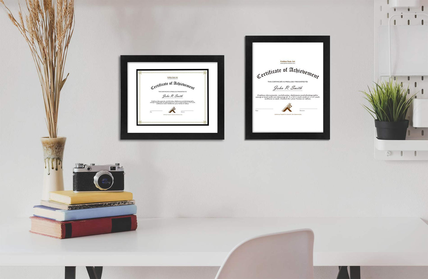 Golden State Art, 11x14 Diploma Frame for 8.5x11 Document & Certificates with Mat, Or 11x14 Without Mat, Real Glass, Double Mat (Black with White/Black, 1 Pack, Solid Wood)