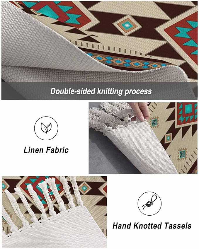 Boho Southwestern Runner Rug 3X5 Ft Bedroom Area Rug, Washable Woven Aztec Abstract Geometric Throw Carpet with Tassel, Non-Shedding Vintage Native American Patterned Dining Room Living Room Carpets