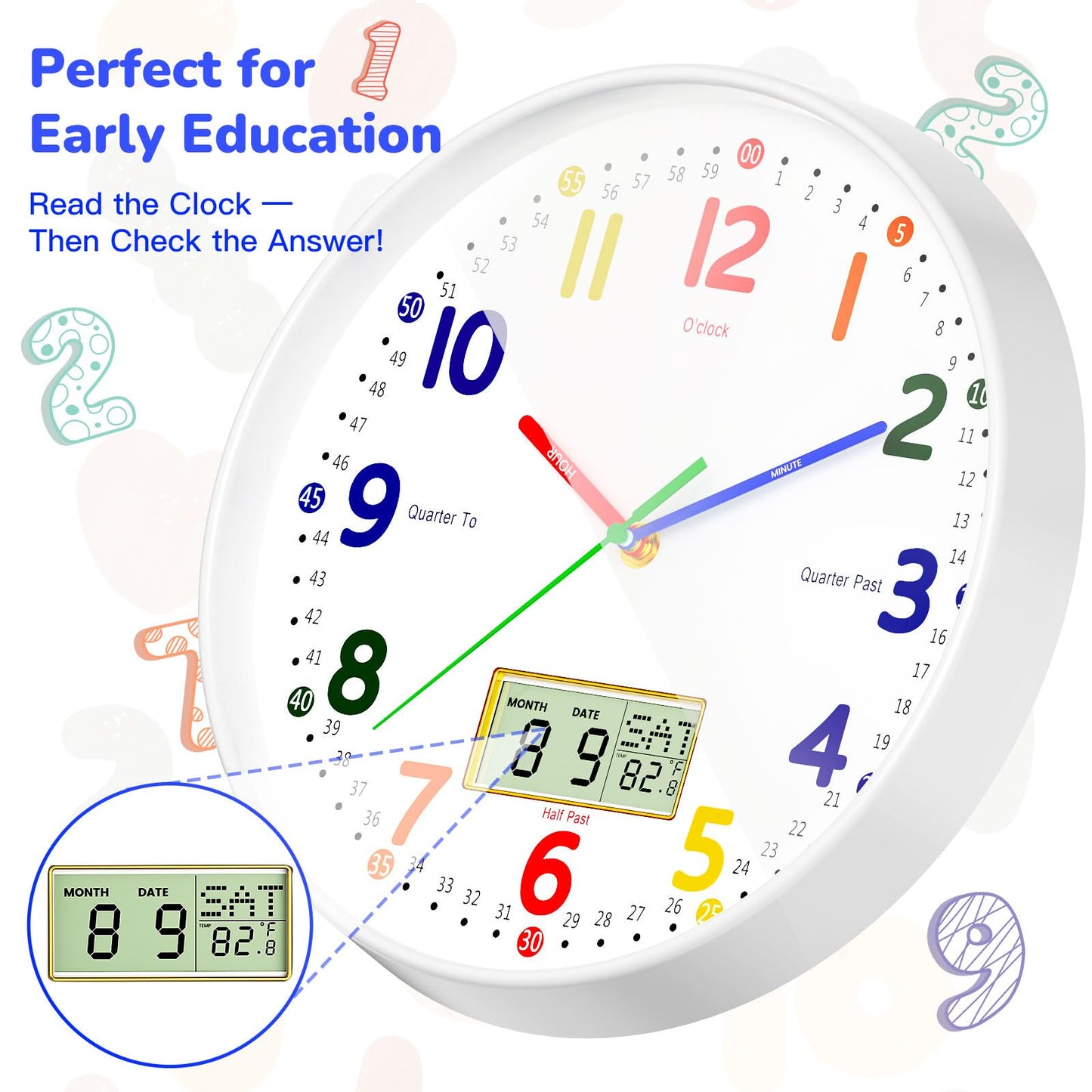 lanktoo 12" Silent Teaching Wall Clock with LCD Date Weekday Temperature Display – Tempered Glass, Non-Ticking Battery Operated Learning Clock for Kids Room, Classroom, Home Decor