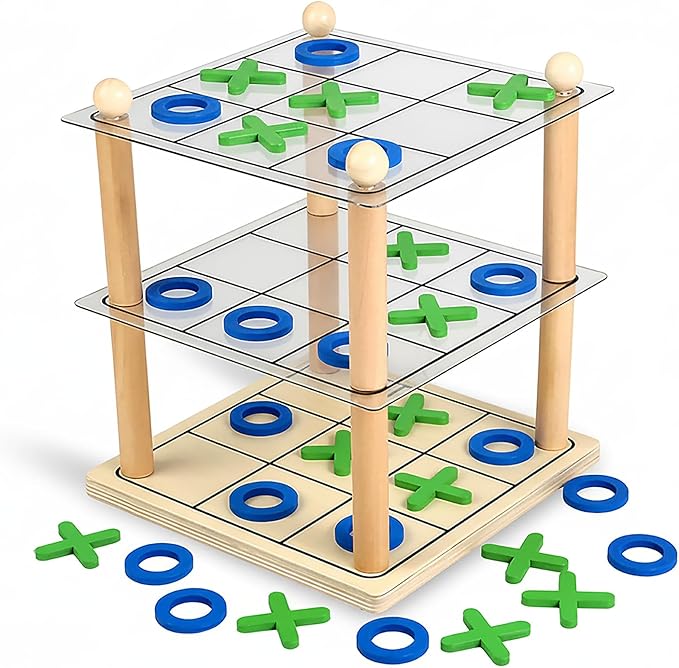 3D Ultimate Wooden Tic Tac Toe Board Game – Classic XO Strategy Game for Kids & Adults, Fun Family Table Games Night, Durable Wooden Tabletop Game