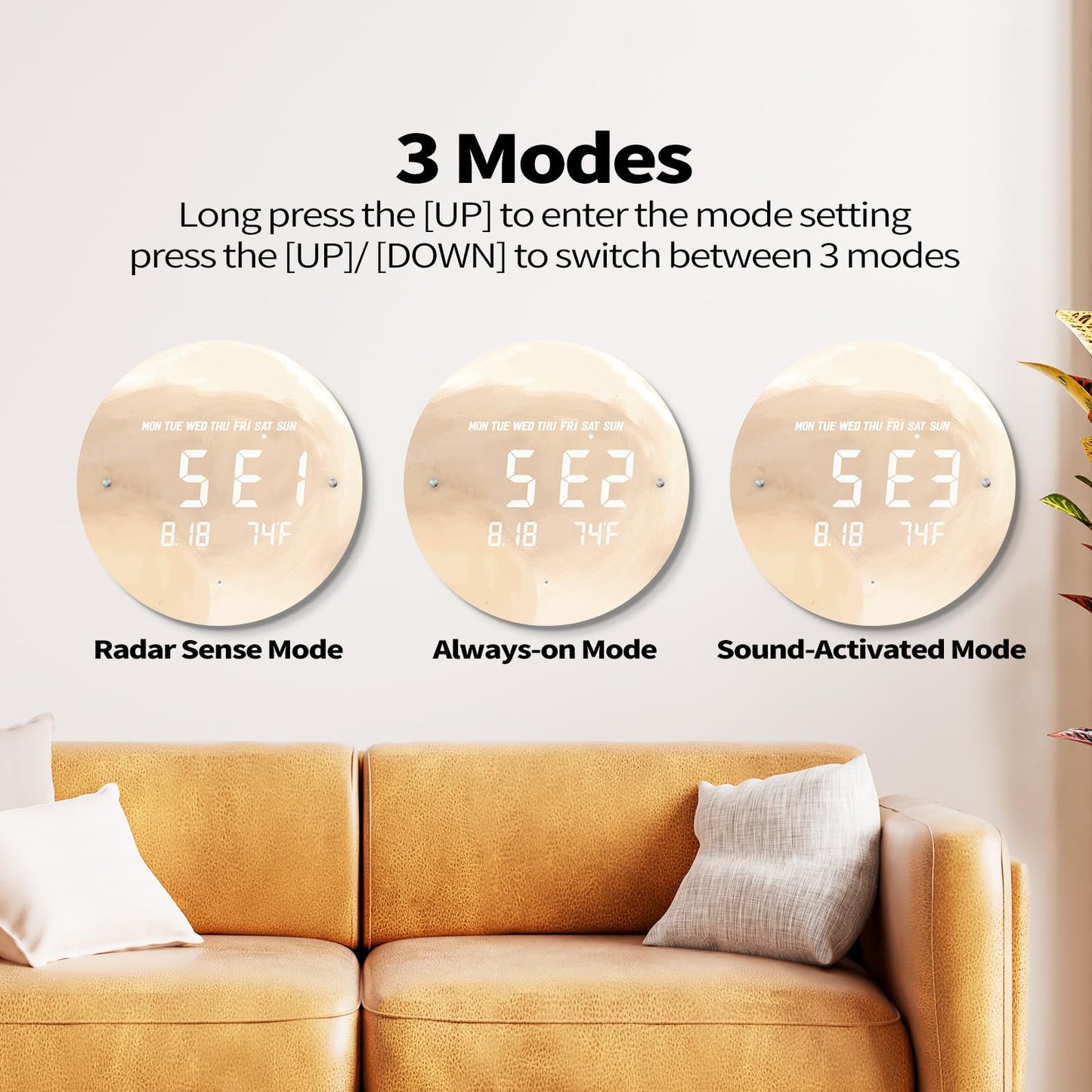SCOAGE Digital Moon Wall Clock with Temperature/Time/Date, 12'' Modern Led Wall Clock Battery Operated, Smart Dimming, Large Display Decorative for Bedroom/Office/Kitchen
