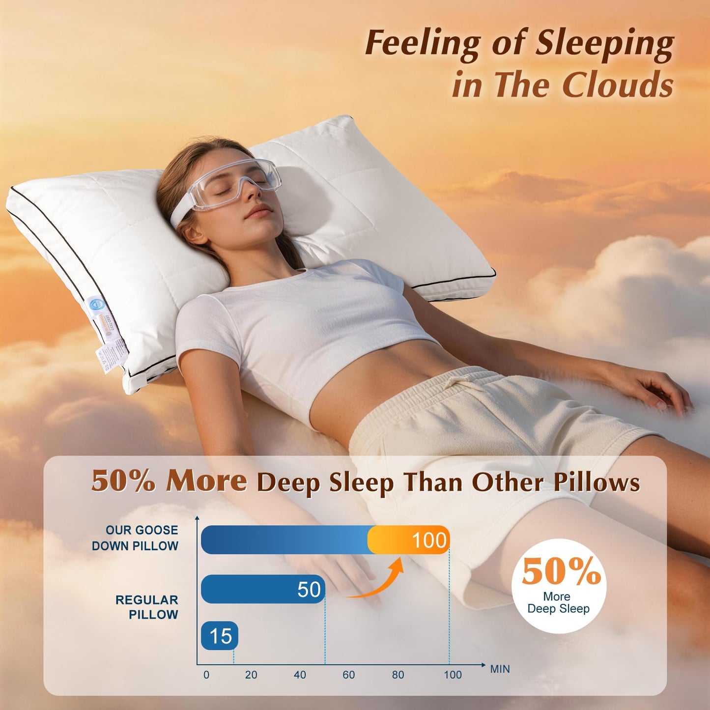Davmabcjy 3 in 1 Adjustable Goose Down Pillows Standard Size Set of 1, Cooling Cover Bed Pillows, Fluffy Soft Feather Down Pillow for Back, Stomach or Side Sleepers, 20" x 26"