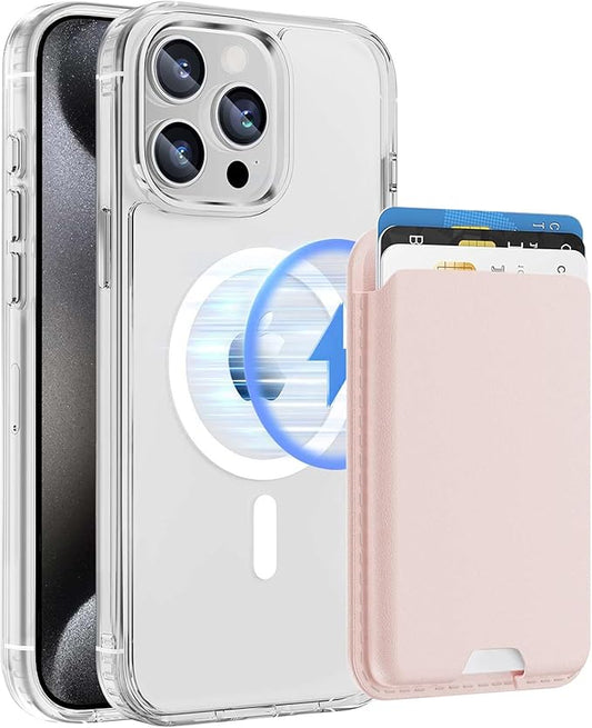 Ntwinro Magnetic for iPhone 15 Pro Clear Case (Compatible with MagSafe) with Pink Detachable Wallet & Card Holder for 3 Cards [RFID Blocking] Military Grade Protective Slim Phone Cover
