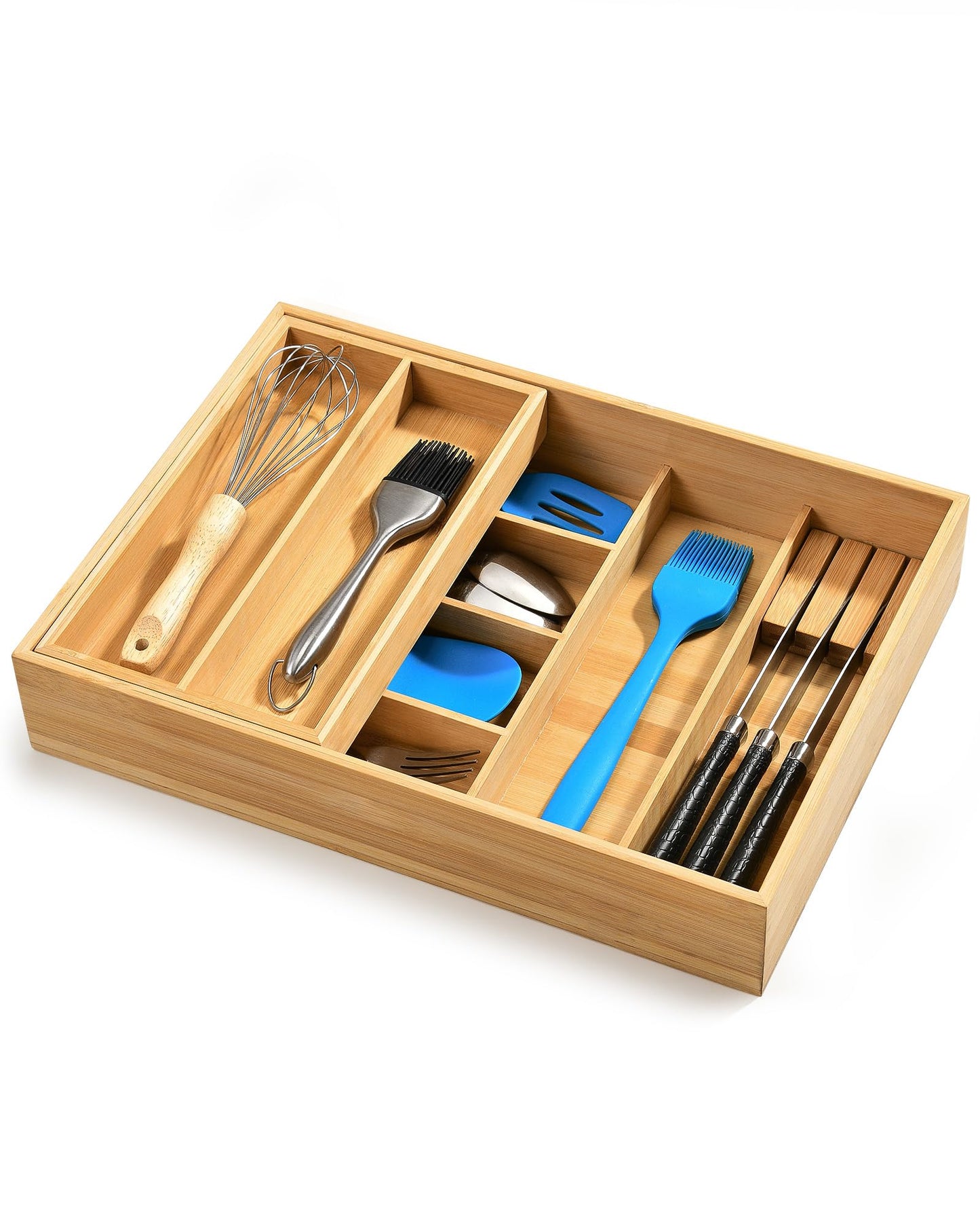 HULISEN Double Layer Bamboo Utensil Drawer Organizer, 2 Tier Silverware Cutlery Drawer Organizer with Sliding Top & Removable Knife Holder, Deep 8-Slot Kitchen Drawer Organizer