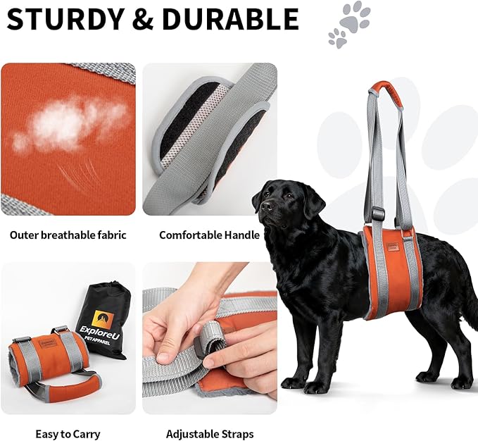 ExploreU Dog Sling for Back Legs Dog Lift Harness Magic Tape Hip Support Harness Rehab to Help Senior,Injured,Arthritis,Hip Dysplasia,Weak Rear Leg,Disabled,After ACL/CCL Surgery,TPLO Dogs (Brown, XL)