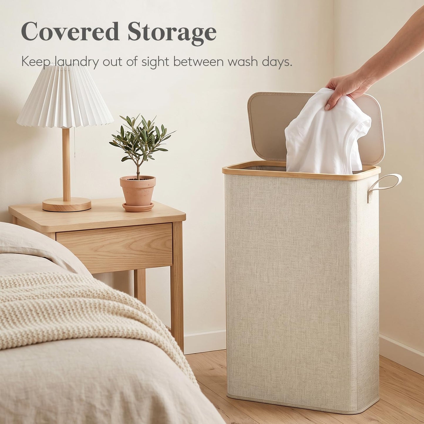Lifewit 65L Slim Laundry Hamper with Lid, Narrow Laundry Basket with Removable Bag & Bamboo Handles, Fodable Thin Dirty Clothes Hamper for Laundry Collapsible Bin for Bathroom Bedroom Dorm, Beige