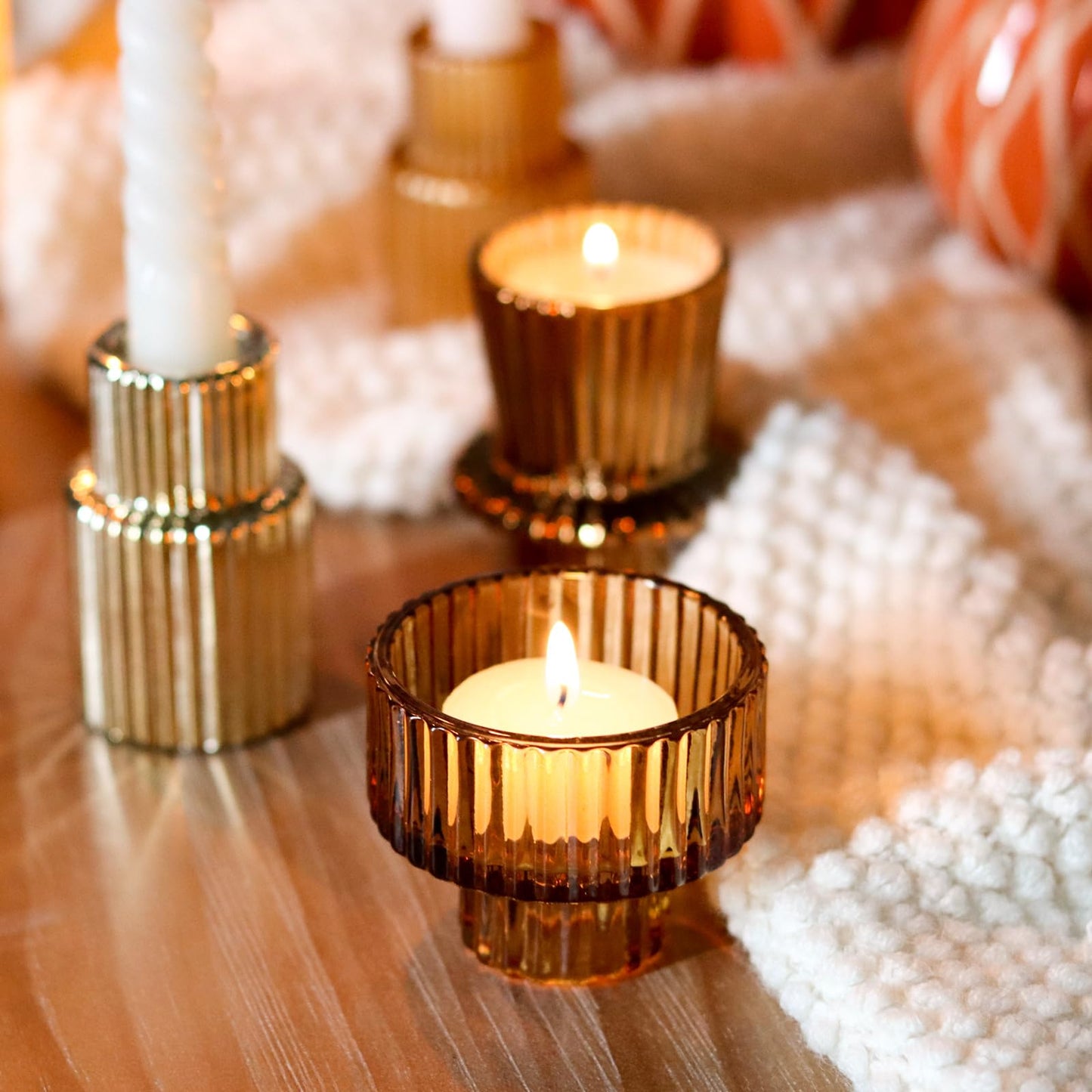 SYFURNIX Gold Candlestick Holders 6PCS for Tealight Candle Stick Candles, Ribbed Glass Taper Candle Holders Set Table Centerpieces for Thanksgiving Christmas Farmhouse Decor Indoor and Outdoor
