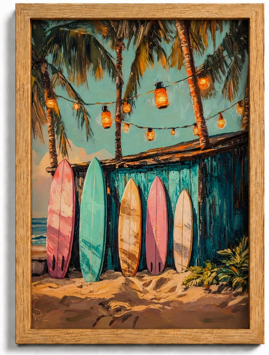 Framed Vintage Surfboard Canvas Wall Art,Tropical Palm Trees Painting Picture Summer Beach Wall Decor,Coastal Poster Print Artwork,for Girls Room Bathroom Bedroom Home Decoration 16x24 inch
