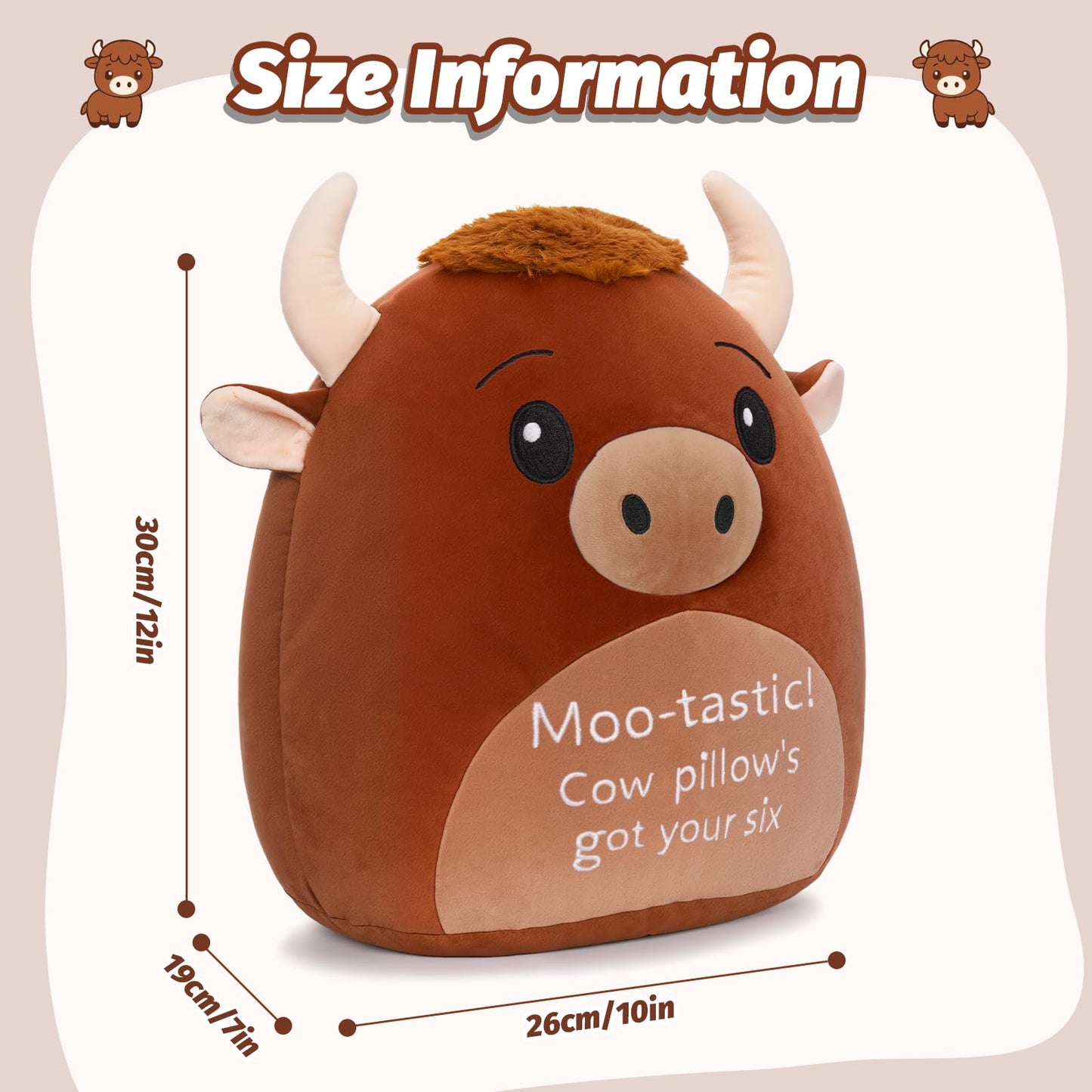 AGIFTMIND 12 inch Cute Highland Cow Stuffed Animals Soft Cow Plush Pillow with Motivational Message for Adults Birthday Decorations (Brown)