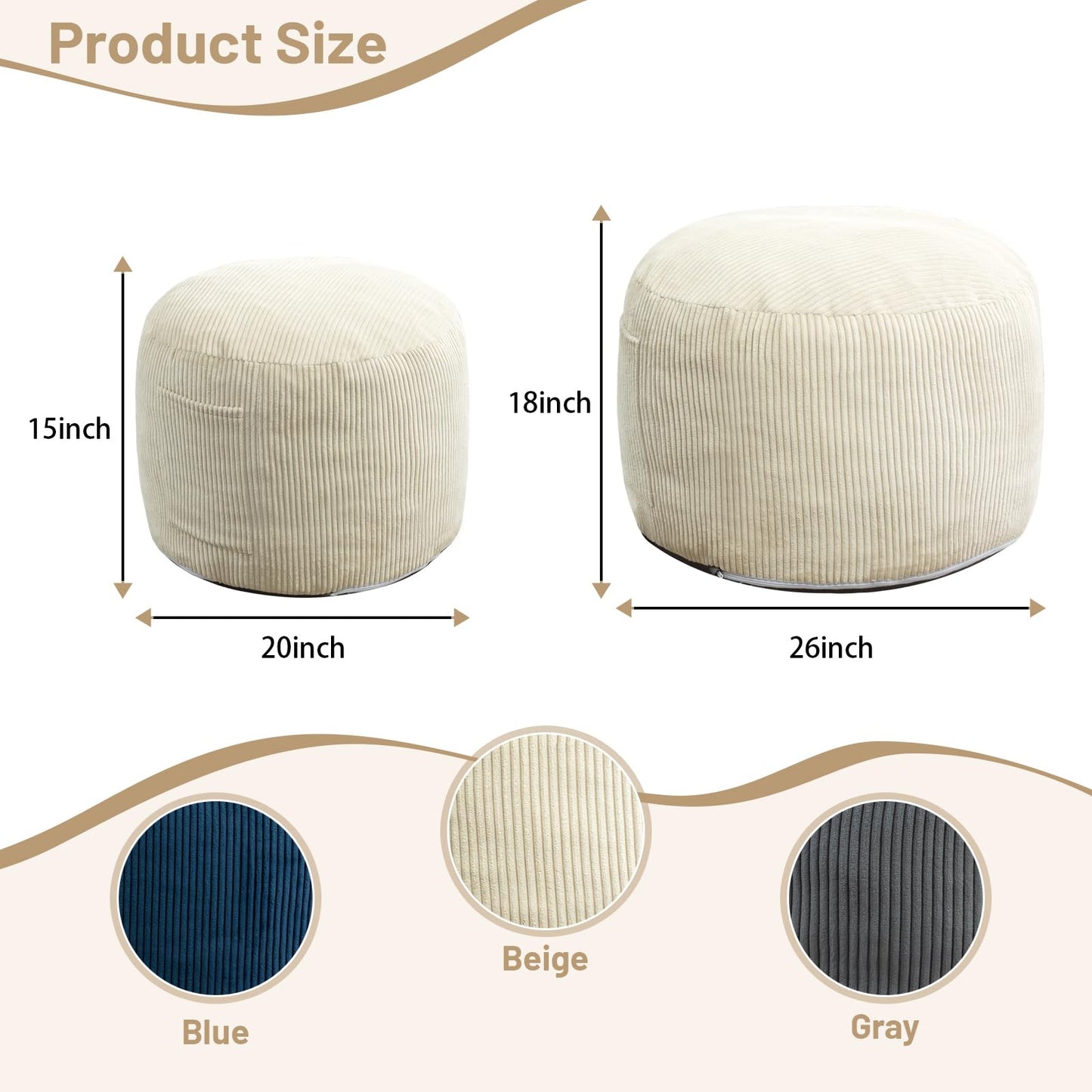 Manyday Round Stuffed Pouf Ottoman,Corduroy Foot Rest with Rebound Foam Filled, Furry and Fluffy Foot Stool Ottoman, Floor Poufs for Living Room (Beige, 20" D x 20" W x 15" H)