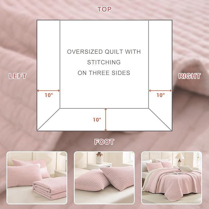 Sanracie Stonewashed Cotton Coverlet Oversized King(128"x120"), Light Pink Ultra Soft Crinkle Extra Large Wide Oversized Quilt Sets Lightweight Cross Stitch Bedspread Set 3Pcs for All Season