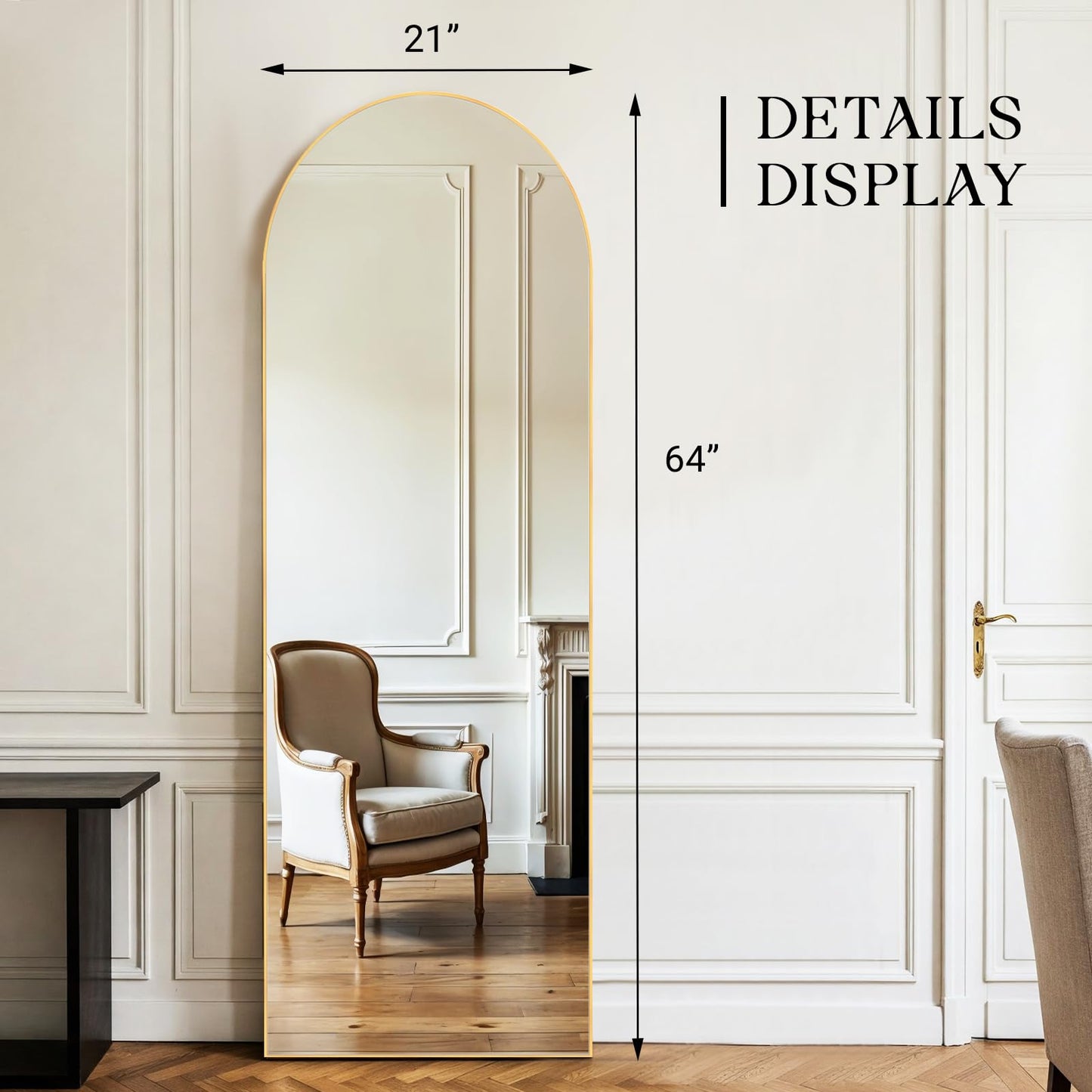 MISSDAY Arched Full Length Mirror, 64"x21" Full Body Mirror with Stand, Floor Mirror Long Free Standing, Leaning or Hanging, Aluminum Thin Frame Wall-Mounted Mirrors Wall Mirrors for Bedroom, Gold
