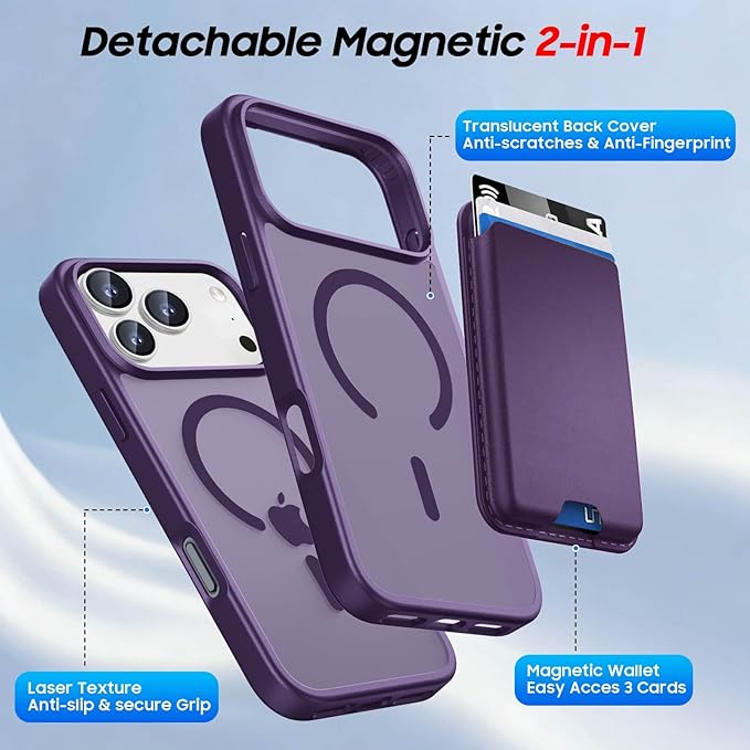 Ntwinro Magnetic for iPhone 17 Pro Max Case (Compatible with MagSafe) with Detachable Wallet & Card Holder for 3 Cards [RFID Blocking] Military Grade Protective Slim Phone Cover, Purple