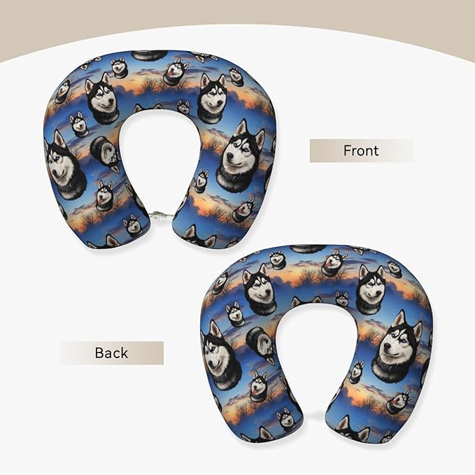 Neck Travel Pillow, Women Men Washable Airplane Car Pillows Funny Alaska Husky Dog, Head Support Rest U Shaped Cushion Comfortable for Watching TV