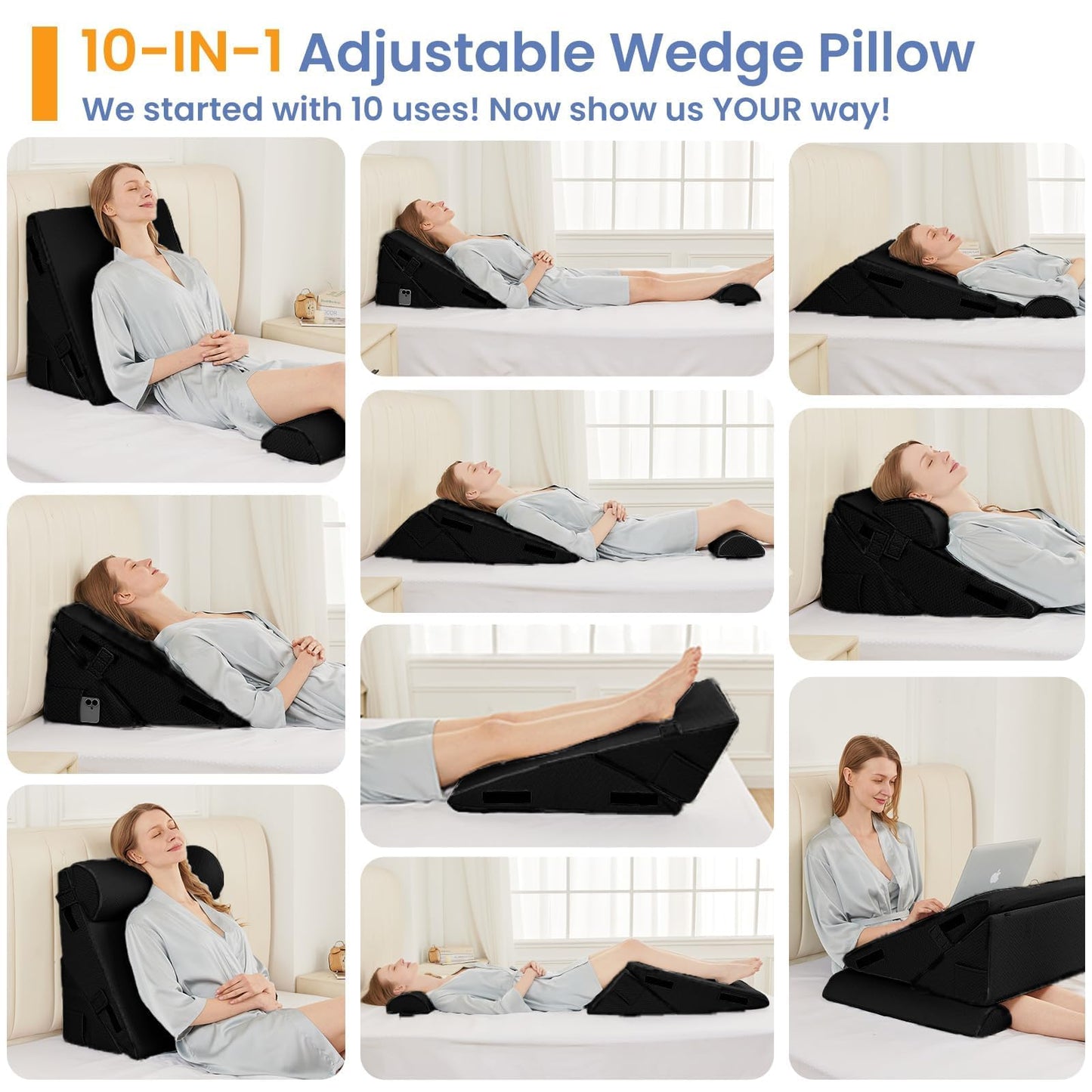 Sasttie Wedge Pillow Set for After Surgery, 2PCS Adjustable Bed Wedge Pillow Headboard with Memory Foam Neck Cushion – for Acid Reflux, Sleeping, Neck & Back Support, Black