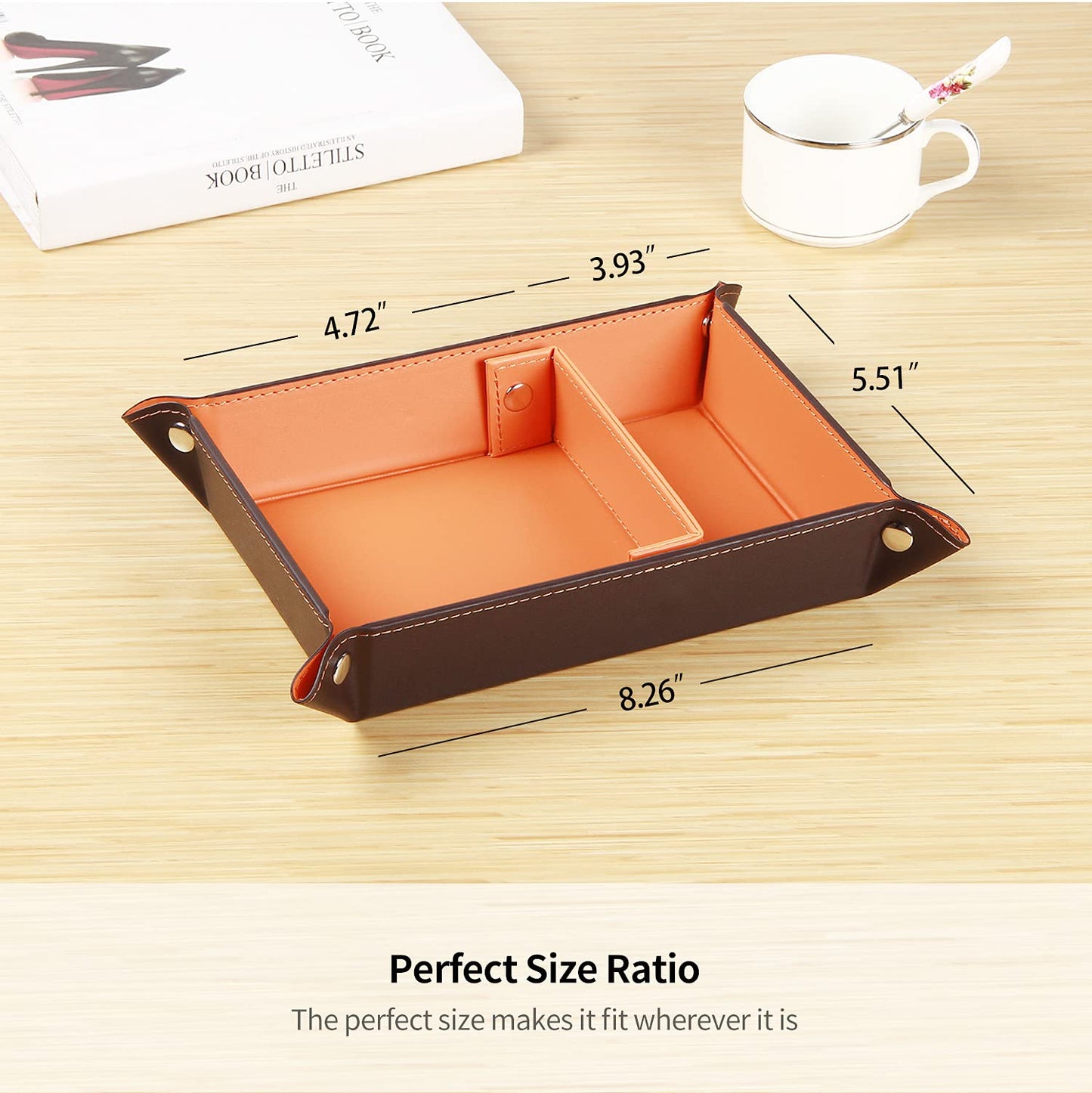 Valet Tray for Men Leather Big Entryway Key Dish Bedside Catchall Bowl 2 Dividers Travel Nightstand Organizer Caddy for Wallet Coins Dice Watch Candy, Sundries Holder for Beside Table (Orange)