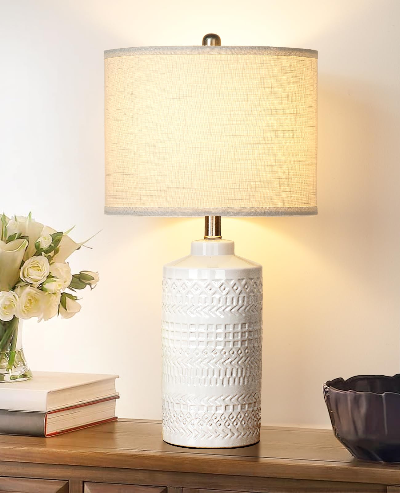 JUNNAI 24.5" White Ceramic Table Lamp 3-Way Dimmable Nightstand with White Linen Shade Bedside Lamp for Bedrooms & Living Room Office Reading(Bulb Included)