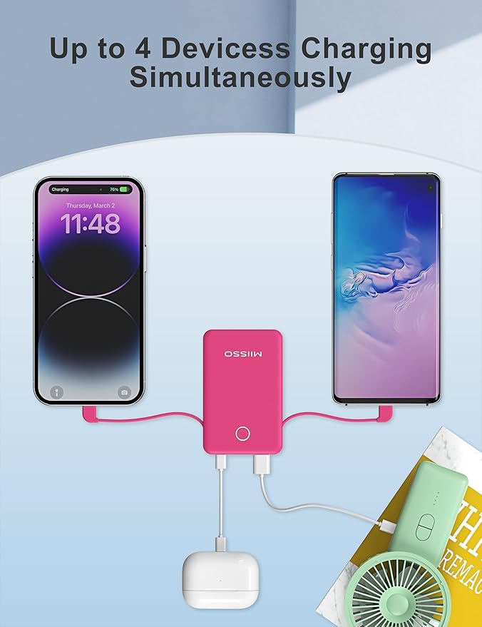miisso 6000mah Ultra Slim Built in Cables Power Bank, Card Size Built in USB C Cords Battery Pack Portable Charger for Phones, 3 Output External Battery Pack Compatible with iPhone, Plum Red