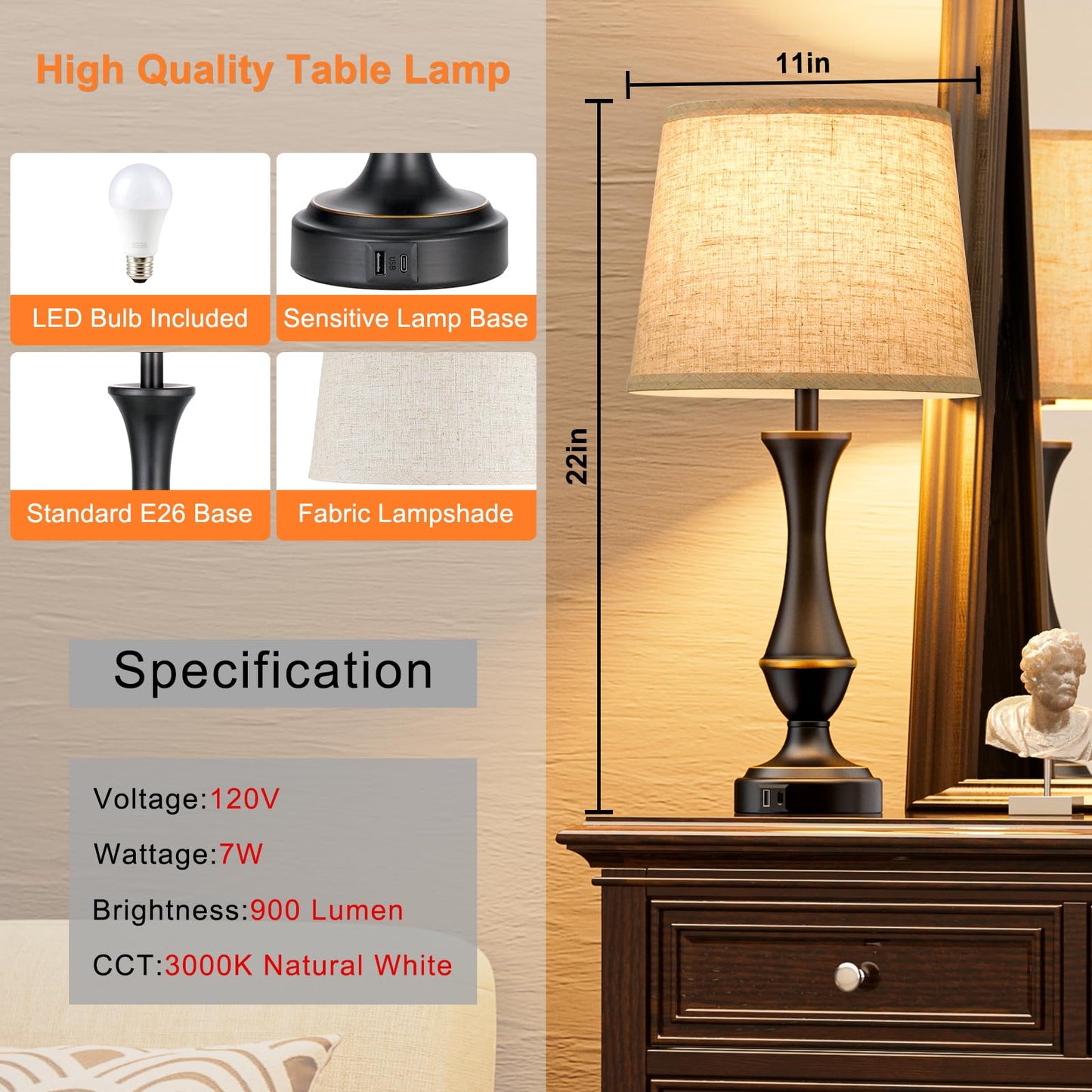 Seealle Upgraded Touch Lamps for Night Stands Set of 2 - Bedside Lamps with USB C+A, 3 Way Dimmable for Bedroom Living Room End Tables Office