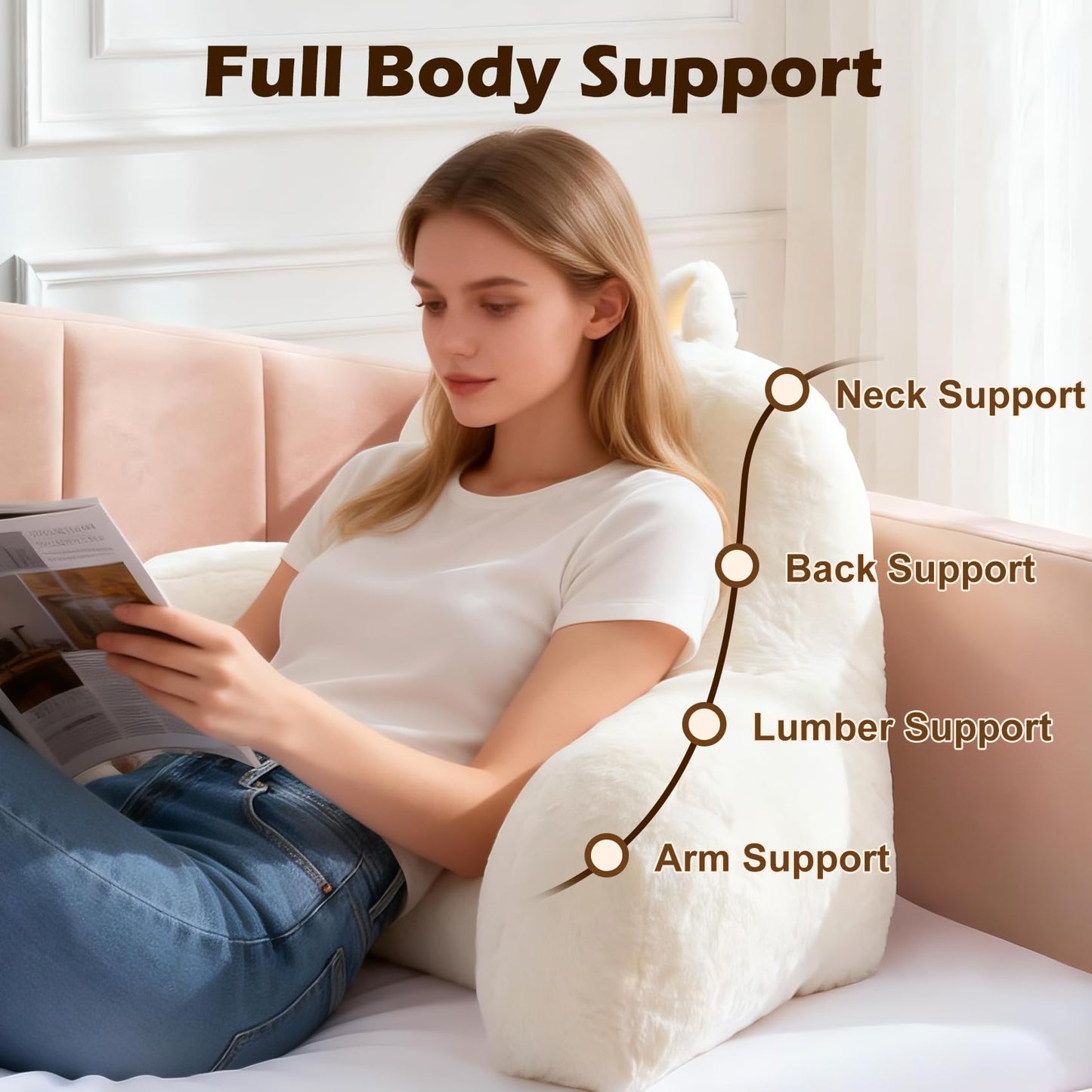 Jillche Bed Faux Fur Reading Pillow for Bed/Couch/Floor/Dorm, Great Cozy Back Pillow for Bed Sitting Up, Fluffy Fur Bed Pillow for Sitting Up for Adults/Teens/Kids, Upgrade Back Support Pillow, Ivory