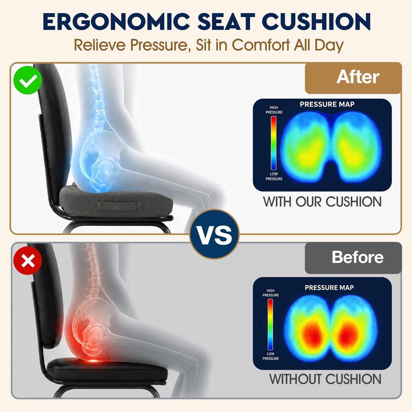 TushGuard Seat Cushion - Memory Foam Sitting Pillow for Office Chair, Car Seat, Airplane, Bleacher - Sciatica & Hip & Coccyx Pain Relief Desk Chair Cushion for Long Sitting Office Workers, Car Drivers