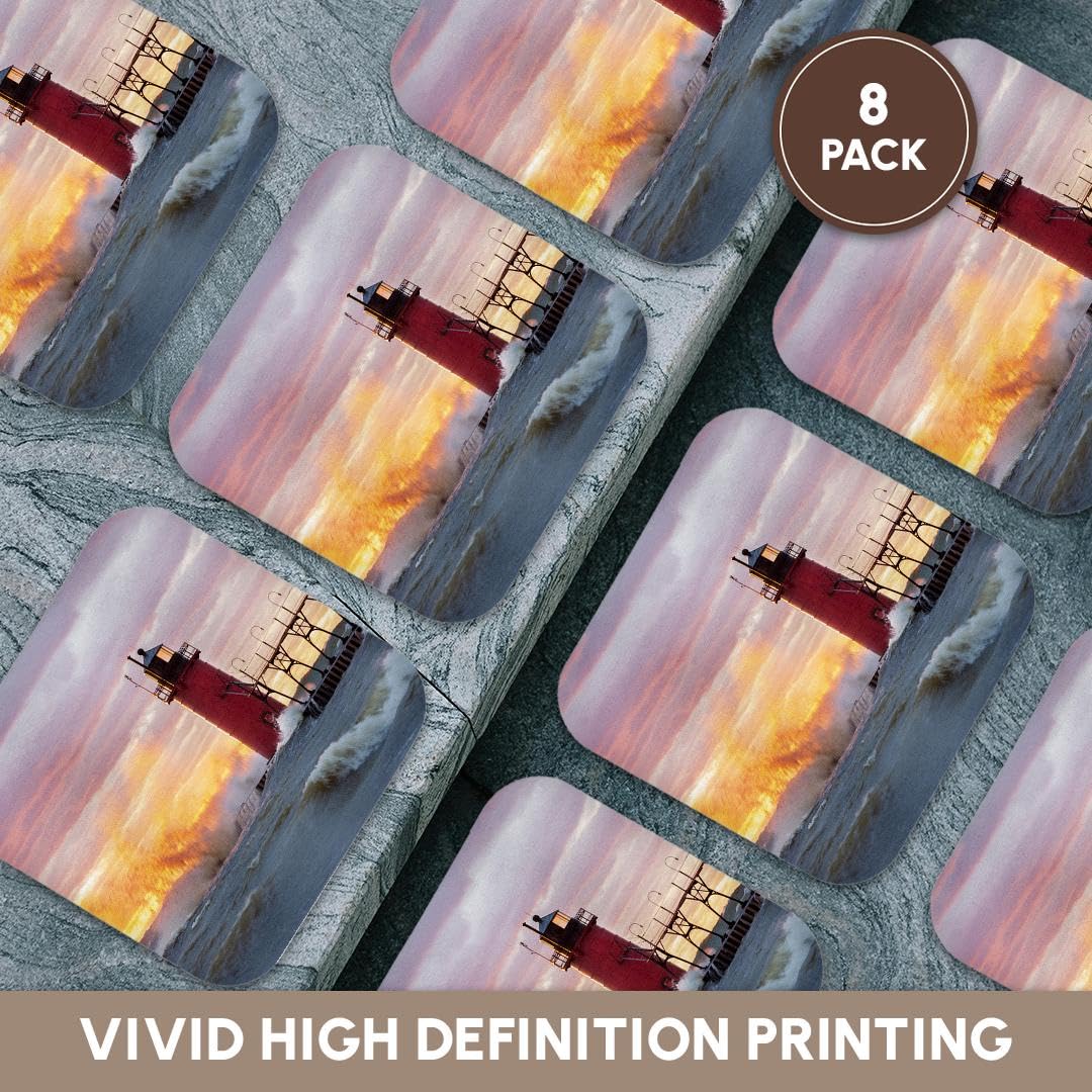 3dRose South Haven Lighthouse at Sunset, South Haven, Michigan. Set of 8 Coasters - Soft