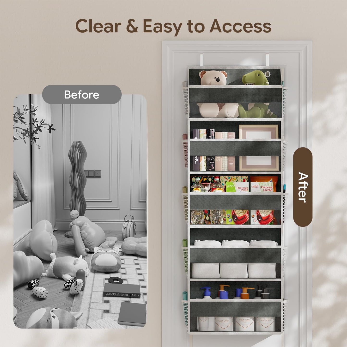 Simple Trending Over The Door Organizer with 10 Side Mesh Pockets, Hanging Storage Organizer with 5 Large Pockets, 50 lbs Weight Large Closet Organizer for Bedroom, Bathroom, Dark Grey