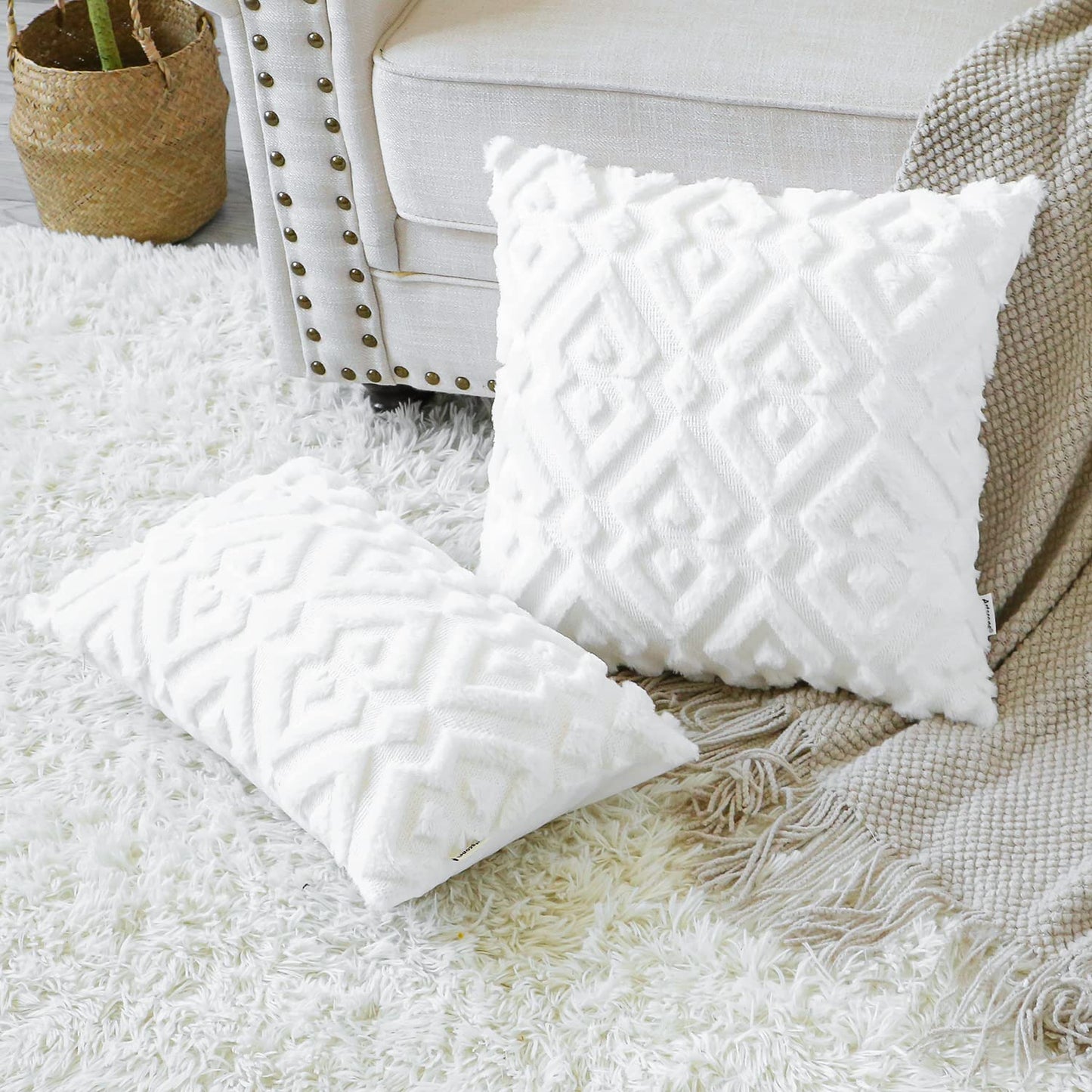 Artscope Pack of 2 Soft Plush Short Wool Velvet Decorative Throw Pillow Covers Luxury Style Cushion Covers European Pillow Shell for Sofa Bedroom Diamond Shape Pure White, 12x12 Inch