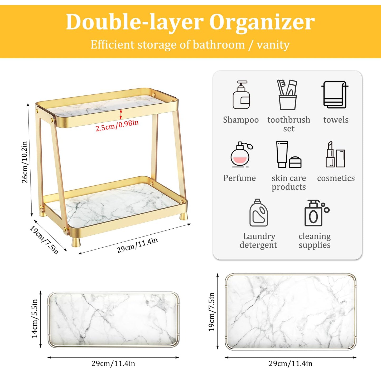 Bathroom Counter Organizer - 2-Tier Acrylic Makeup Organizer Countertop with Marble Tray, Perfume Organizer & Vanity Organizer, Makeup Tray Shelf for Skincare, Cosmetics Display, Gold