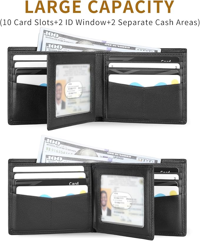LATKWO Mens Wallet - Genuine Leather Bifold RFID Blocking Slim Front Pocket Large Capacity with 10 Card Slots, 2 ID Windows & 2 Cash Pockets - Heavy Duty Stitched Gift for Men (Black)