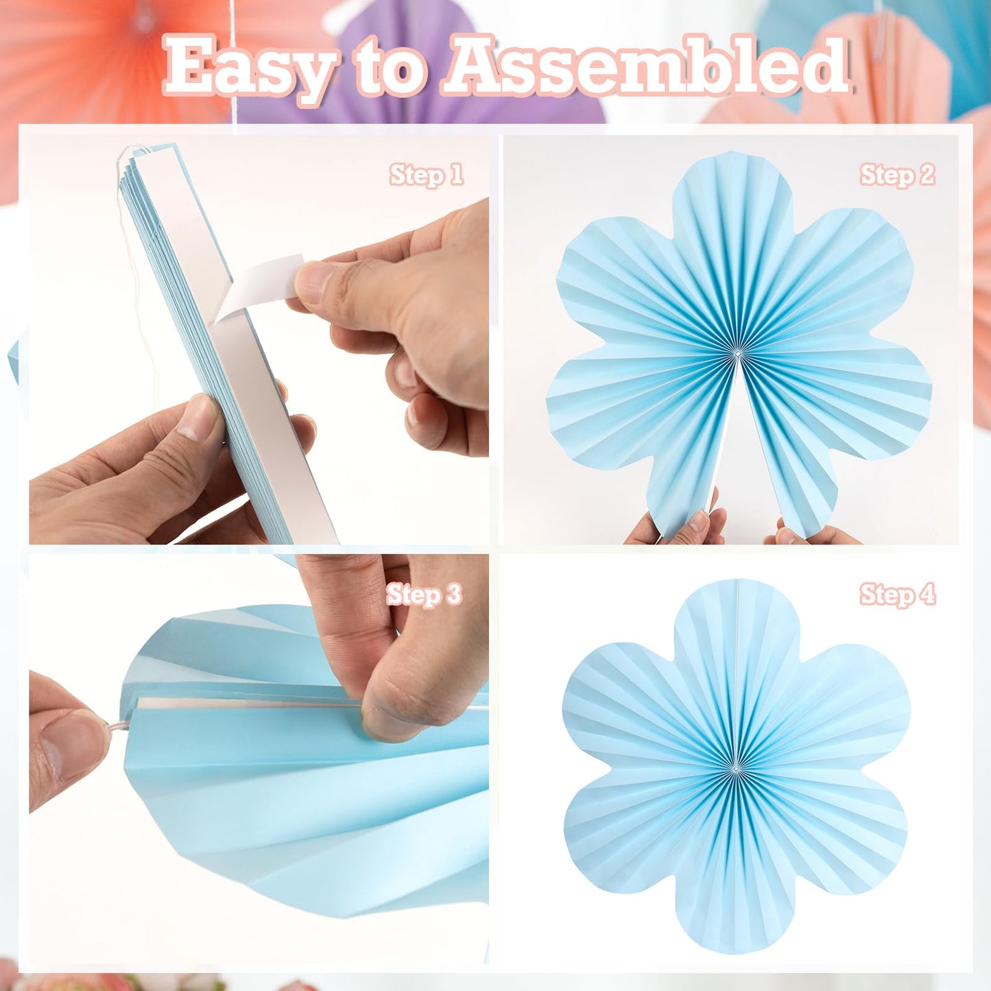 SUNBEAUTY Pastel Paper Flowers Decorations for Wall, Hanging Paper Fans Paper Floral Backdrop Decor Paper Fans Decoration Mothers Day Birthday Wedding Baby Shower, Set of 9