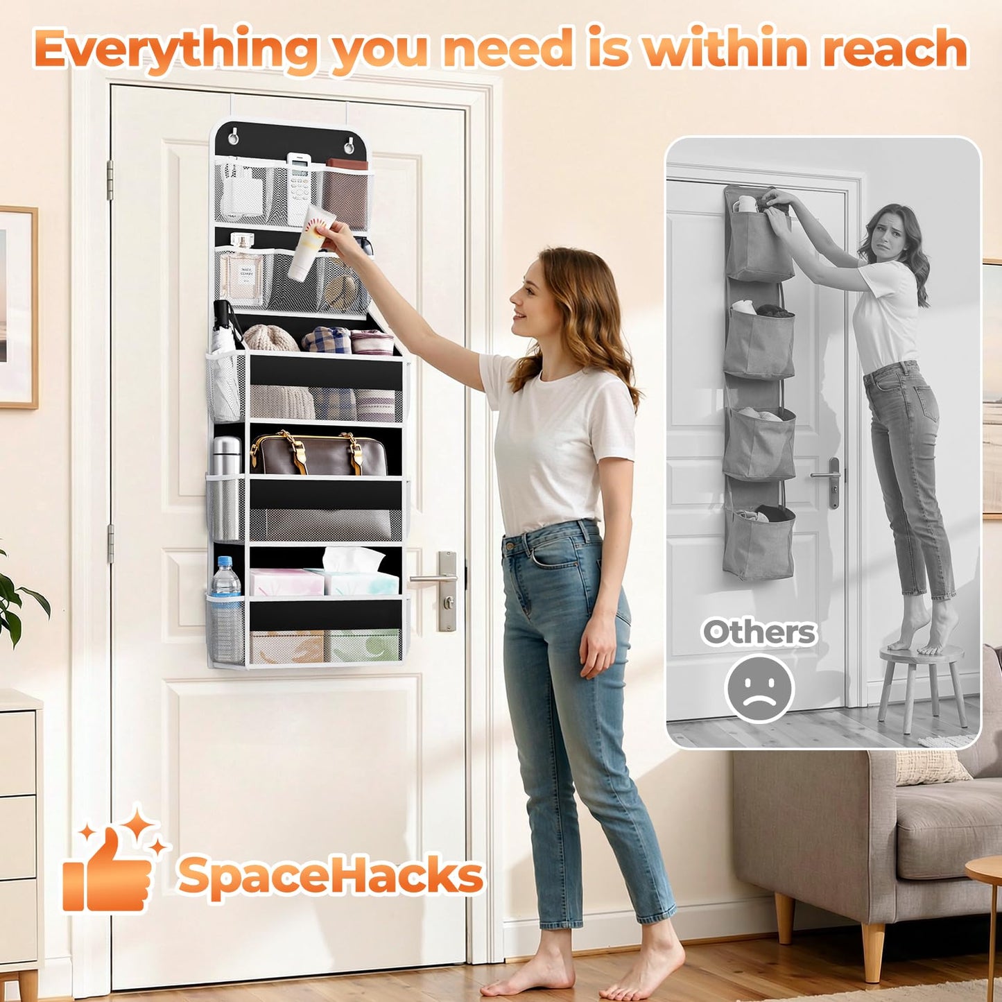SpaceHacks 5-Tier Over the Door Organizer with Mesh Pockets, Baby Nursery Storage for Closet, Bathroom and Bedroom, Adjustable Hanging Closet Organizer for Cosmetics, Books and Essentials (Black)