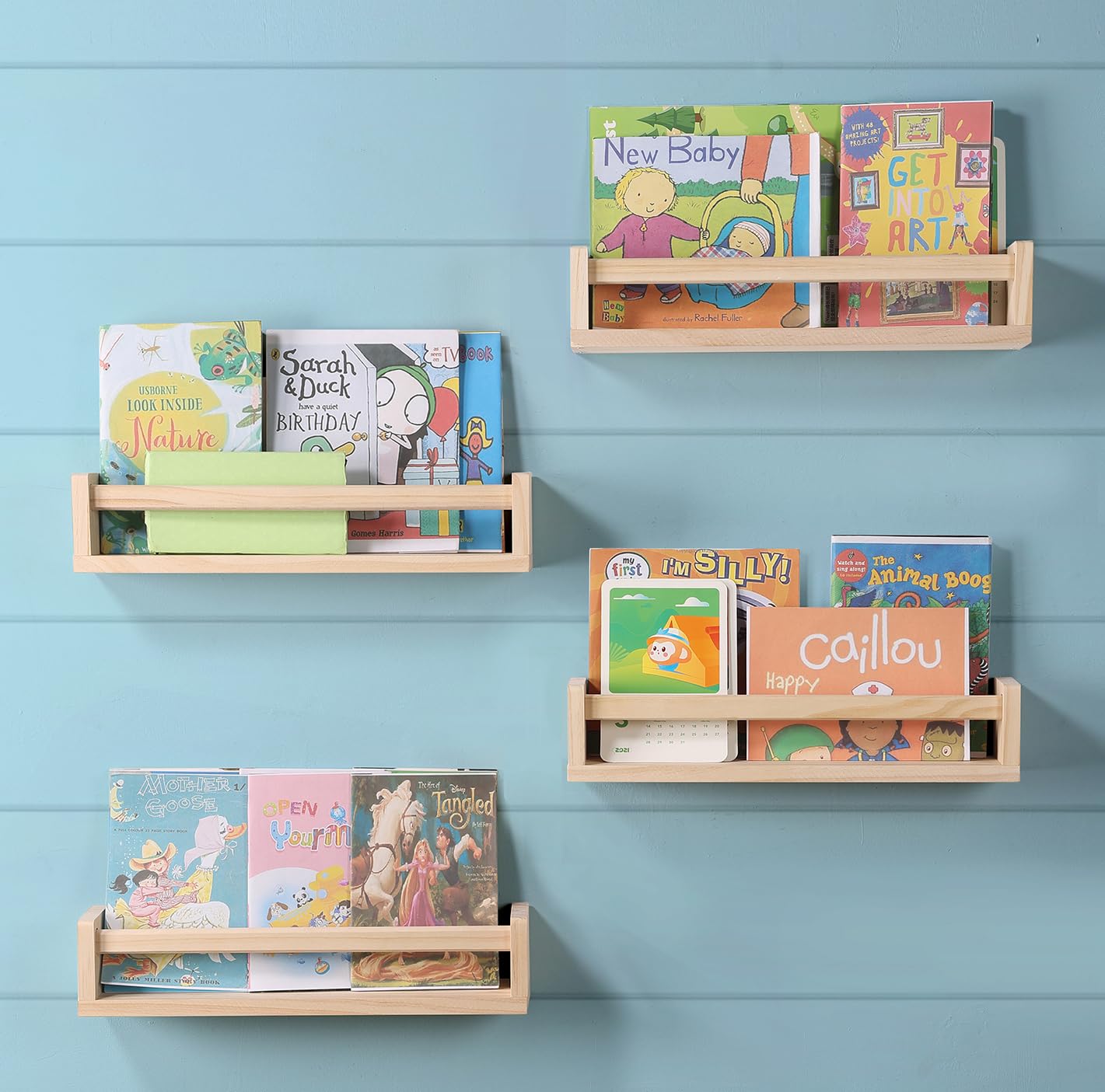DUICIRX Nursery Room Shelves Set of 4, Wood Floating Book Shelves for Kids Room, Baby Book Shelf for Nursery, Kitchen Spice Rack (Natural Wood)