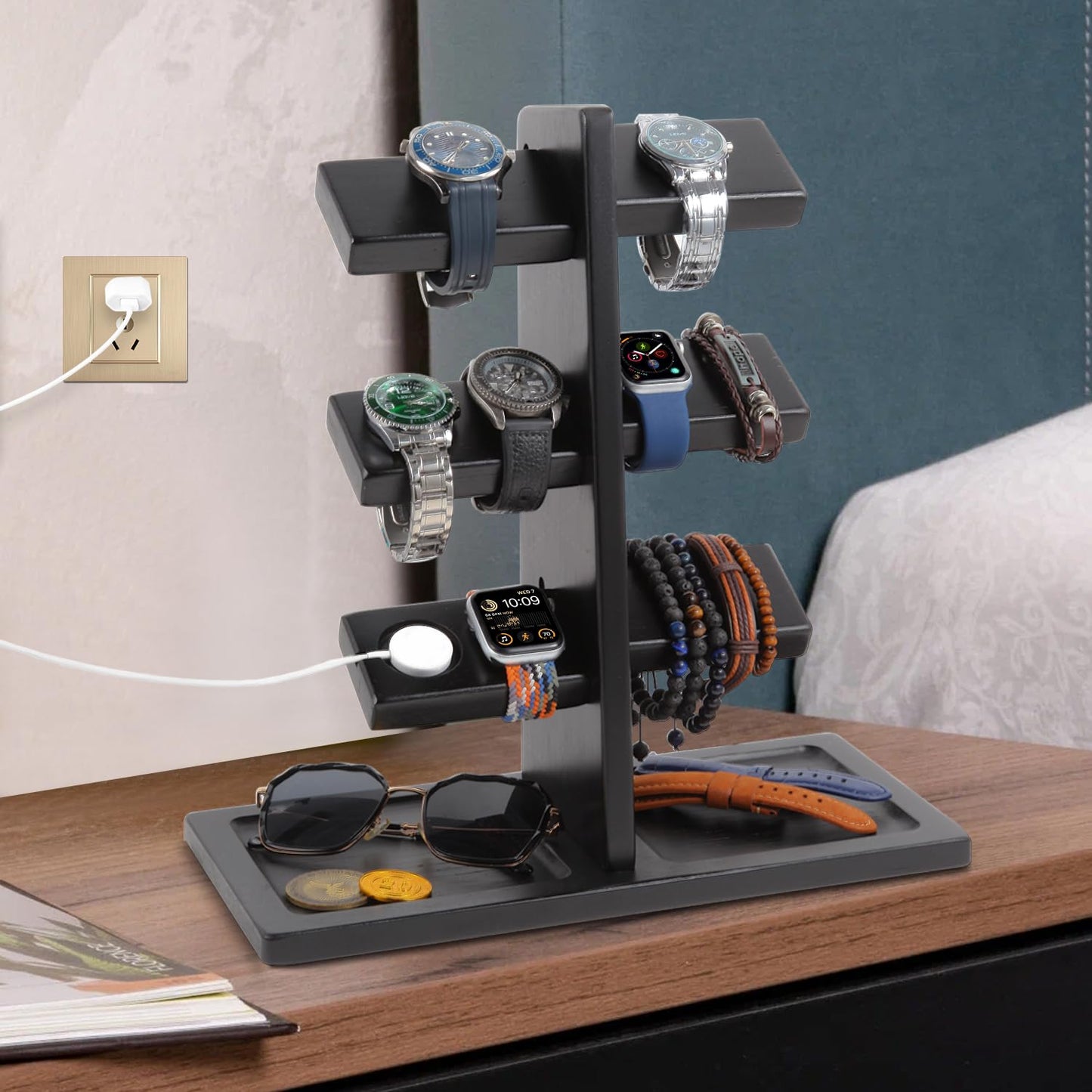 Xnwouco Watch Stand for Men, Watch Display Stand with Charger Groove, Wooden Watch Holder Stand, Jewelry Holder Organizer for Rings, Jewelry, Coins Bracelets, Great Gifts for Men Women, Black