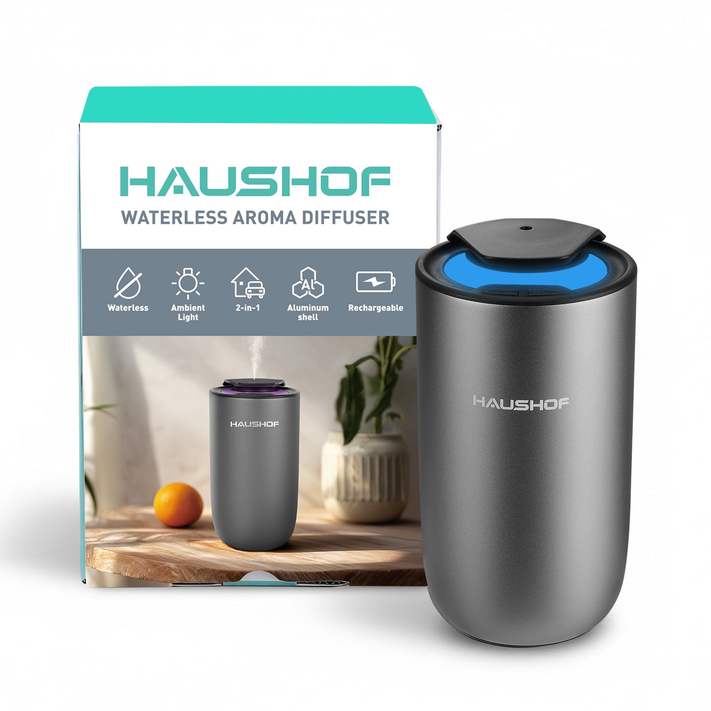 HAUSHOF Waterless Essential Oil Diffuser for Home & Car, Smart Aromatherapy Scent Diffuser with Auto On/Off, 3 Mist Levels & 3 Color Lights, Rechargeable Portable Design, Premium Silver Metal Finish