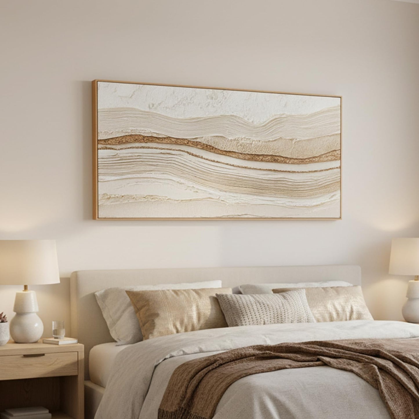 Sorbrozo 3D Abstract Textured Wall Art 24x48 Inch Framed Neutral Beige and Gold Wavy Landscape Canvas Print Modern Decor for Living Room Bedroom & Office