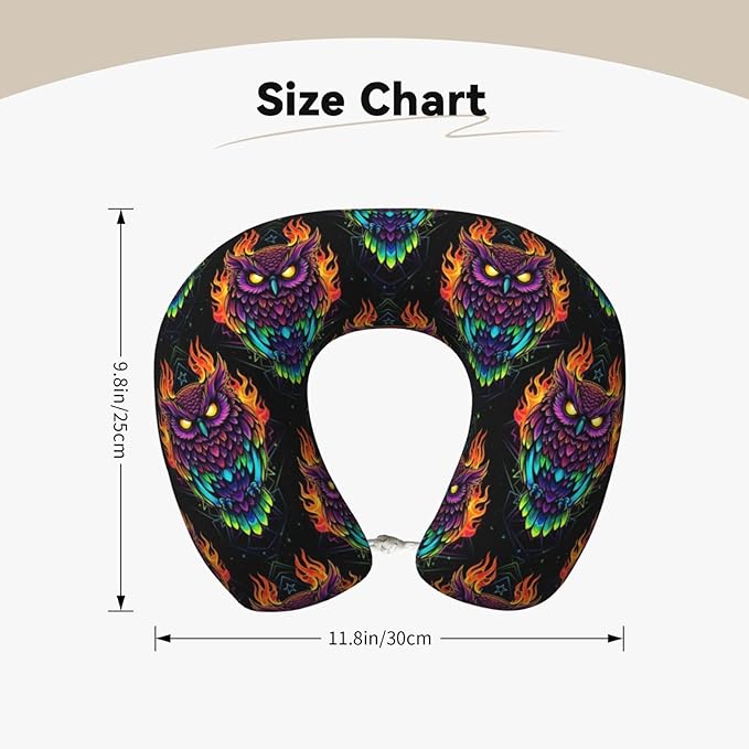 Travel Neck Pillow for Pain Relief Sleeping, Abstract Owl Fire Art, Comfortable Memory Foam Chin Head Cushion Support with Zip Cover, Fashion Car Flight Pillows