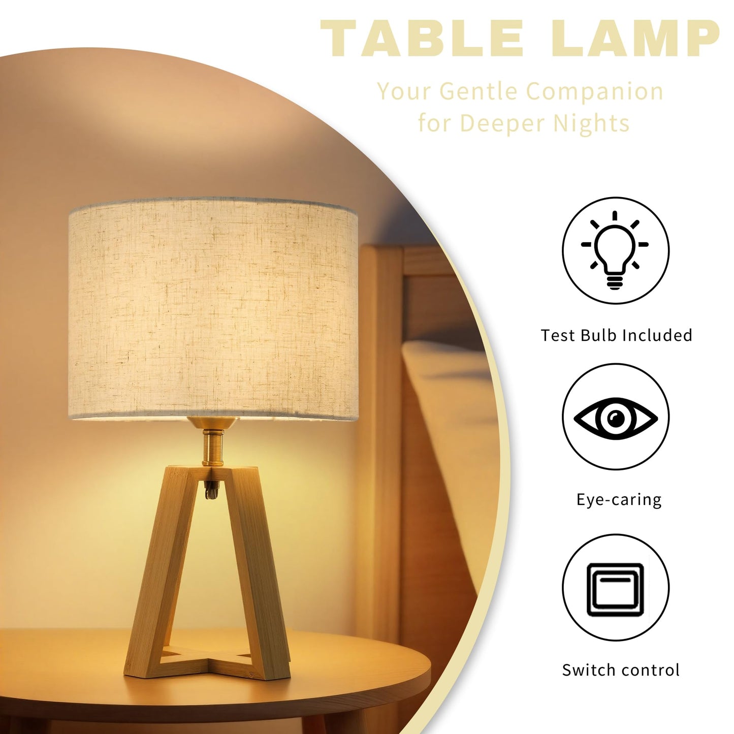 Booniture Cross-Base Table Lamp, Small Bamboo Bedside Lamp with Beige Linen Lampshade, Boho Modern Nightstand Lamp for Bedroom Living Room Office,E26 Socket (Natural Color)