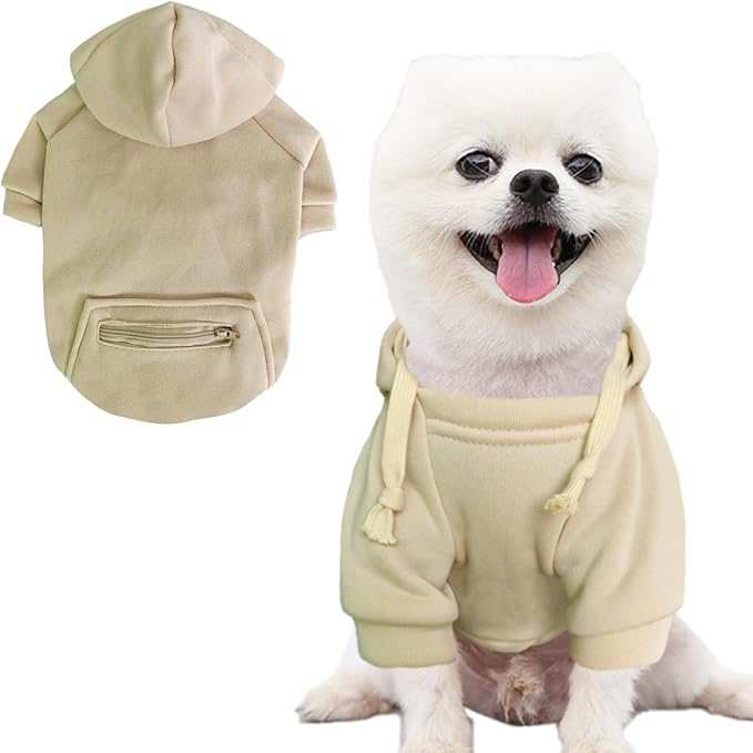 Jecikelon Pet Dog Cold Weather Coat with Pocket Winter Dog Hoodie Warm Puppy Clothes for Small Dogs Chihuahua Clothing (Beige, Large)
