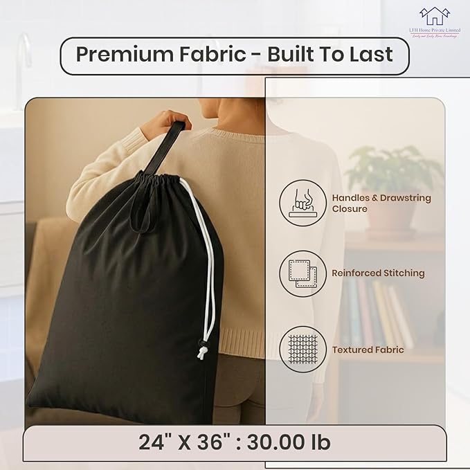 LFH Home Large Premium Cotton Canvas Laundry Bag with Drawstring and Handles Heavy Duty, Multi-Use, and Washable for Home, Travel, College or Storage 24x36 (Pack of 6)-Black