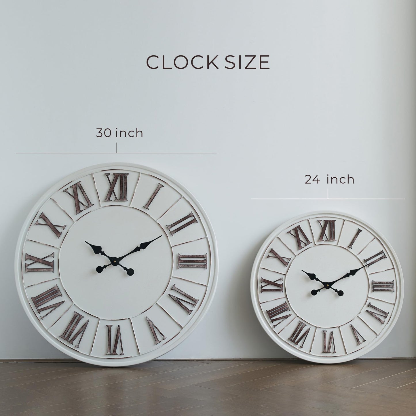 PILIHOME Large Farmhouse Wall Clock - 24 Inch, Rustic White, Distressed Roman Numeral, Metal Face, Battery Operated, Modern Farmhouse Decorative Wall Clock for Living Room Decor