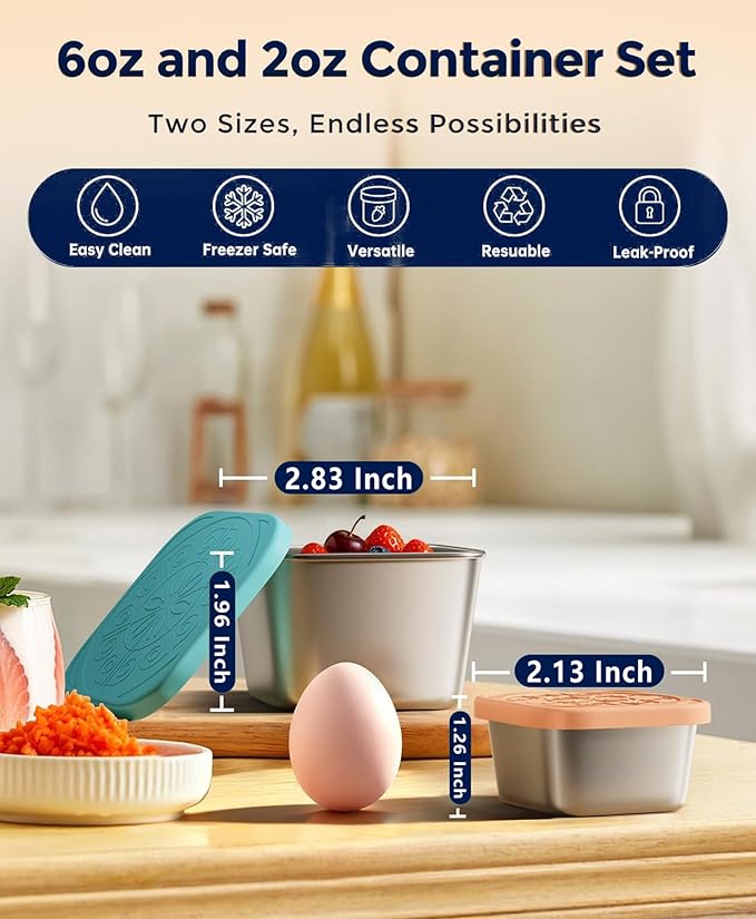 Dobyusf 12-Piece Stainless Steel Snack Container Set - Airtight Silicone Lid with Printed Design Sauce Containers, Multi-Use Food Storage for Salads, Dips, Snacks, Microwave & Dishwasher Safe