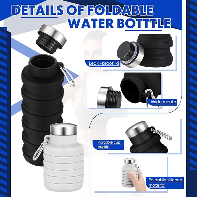 Baderke 2 Pcs Collapsible Water Bottles 17oz Silicone Travel Foldable Portable Water Bottle with Buckle Silicone Lightweight Reusable Leakproof for Camping Hiking Cycling Sport(Black, Gray White)